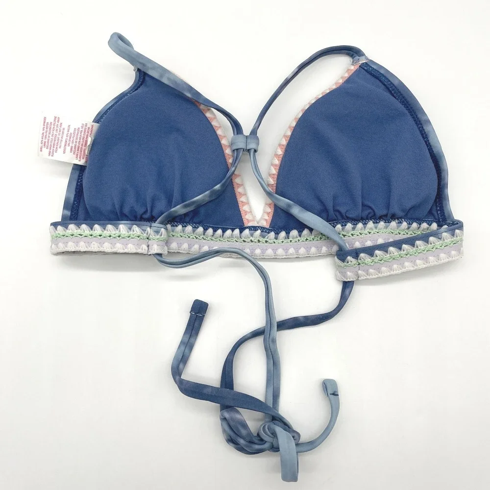Xhilaration Bikini Top Women XS Blue Tie Dye‎ Crochet Trim Boho Beach Swim Indie